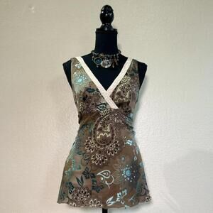 Y2K MATTY M Brown Blue Boho Floral Fairycore V-Neck Babydoll Cami Top